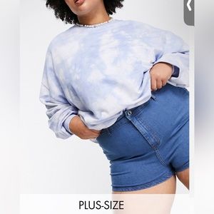 NWT DTT Plus charlotte high waisted disco denim shorts in medium blue from ASOS